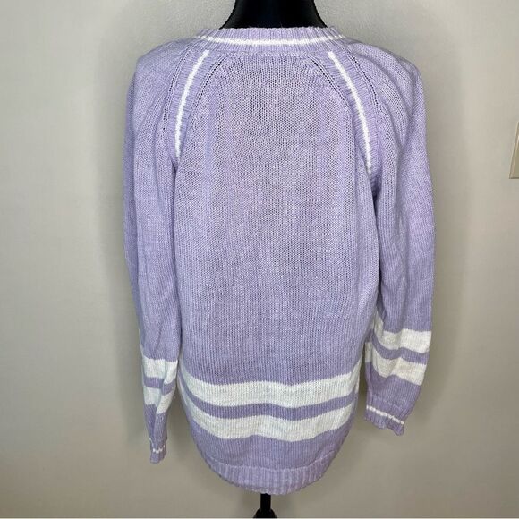 Silvercord Sweater Vintage Knit V Neck Stripe Cotton Blend Purple White Large - Picture 6 of 10